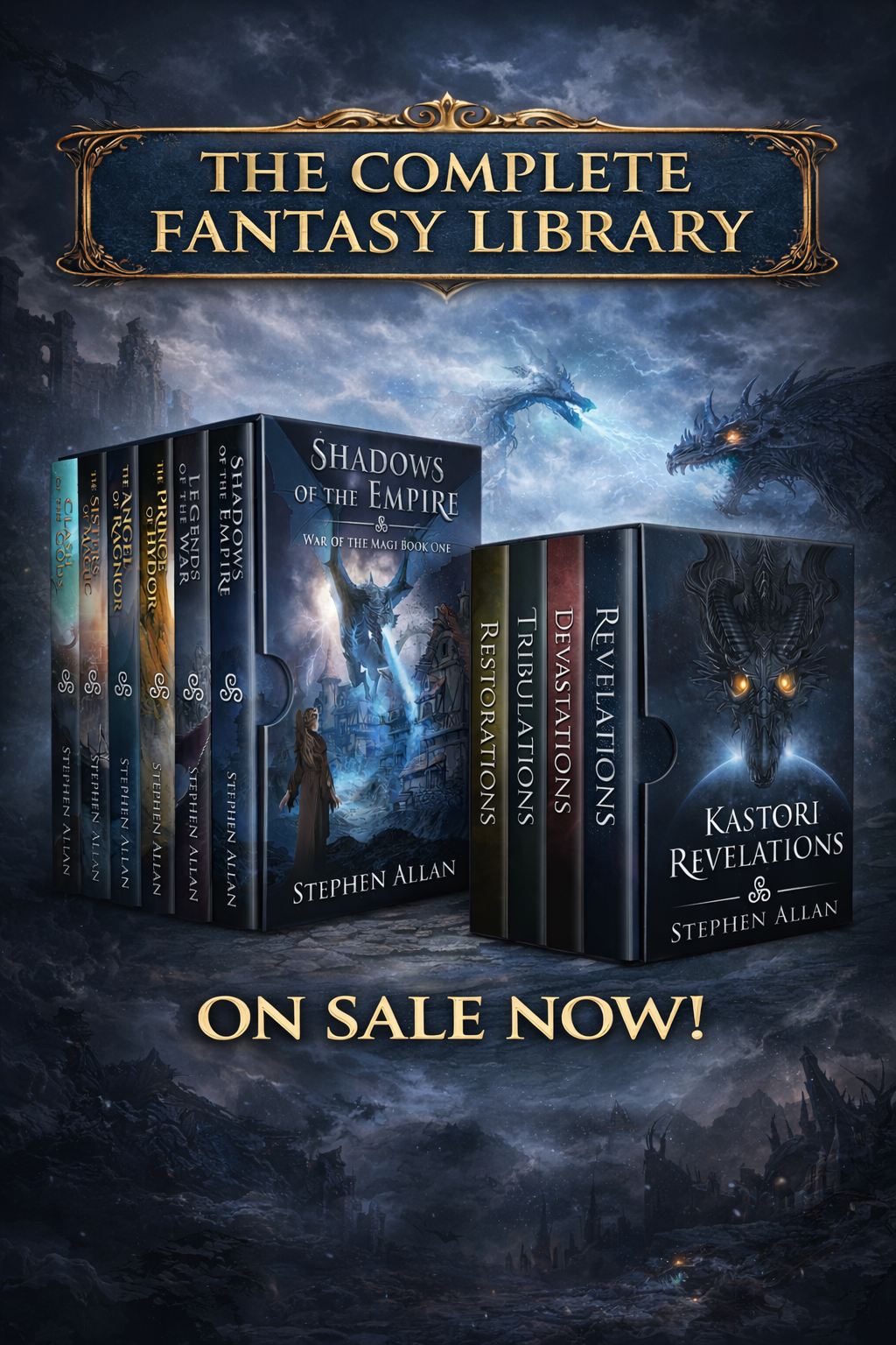 Promotional image of 'The Complete Fantasy Library' with books and a dragon in the background.