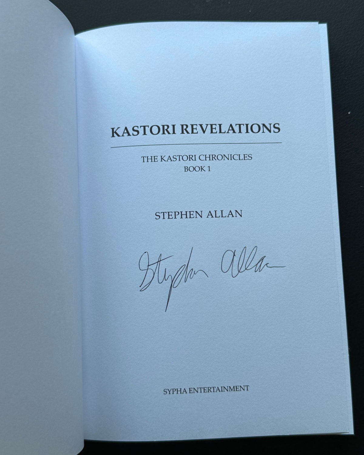 Title page of Kastori Revelations, signed by author Stephen Allan