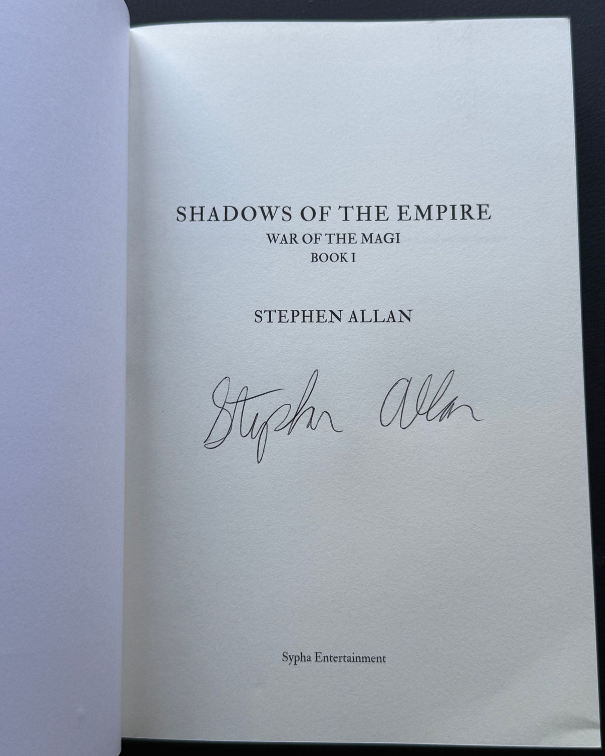 Title page of Shadows of the Empire, signed by author Stephen Allan