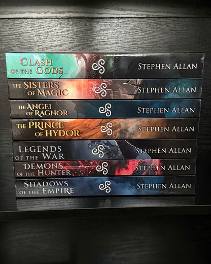All seven War of the Magi paperbacks stacked with spines out, from Shadows of the Empire to Clash of the Gods