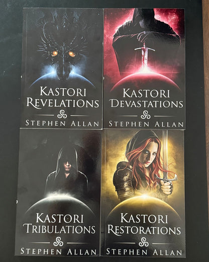 The four Kastori Chronicles paperbacks laid out: Kastori Revelations, Kastori Devastations, Kastori Tribulations and Kastori Restorations