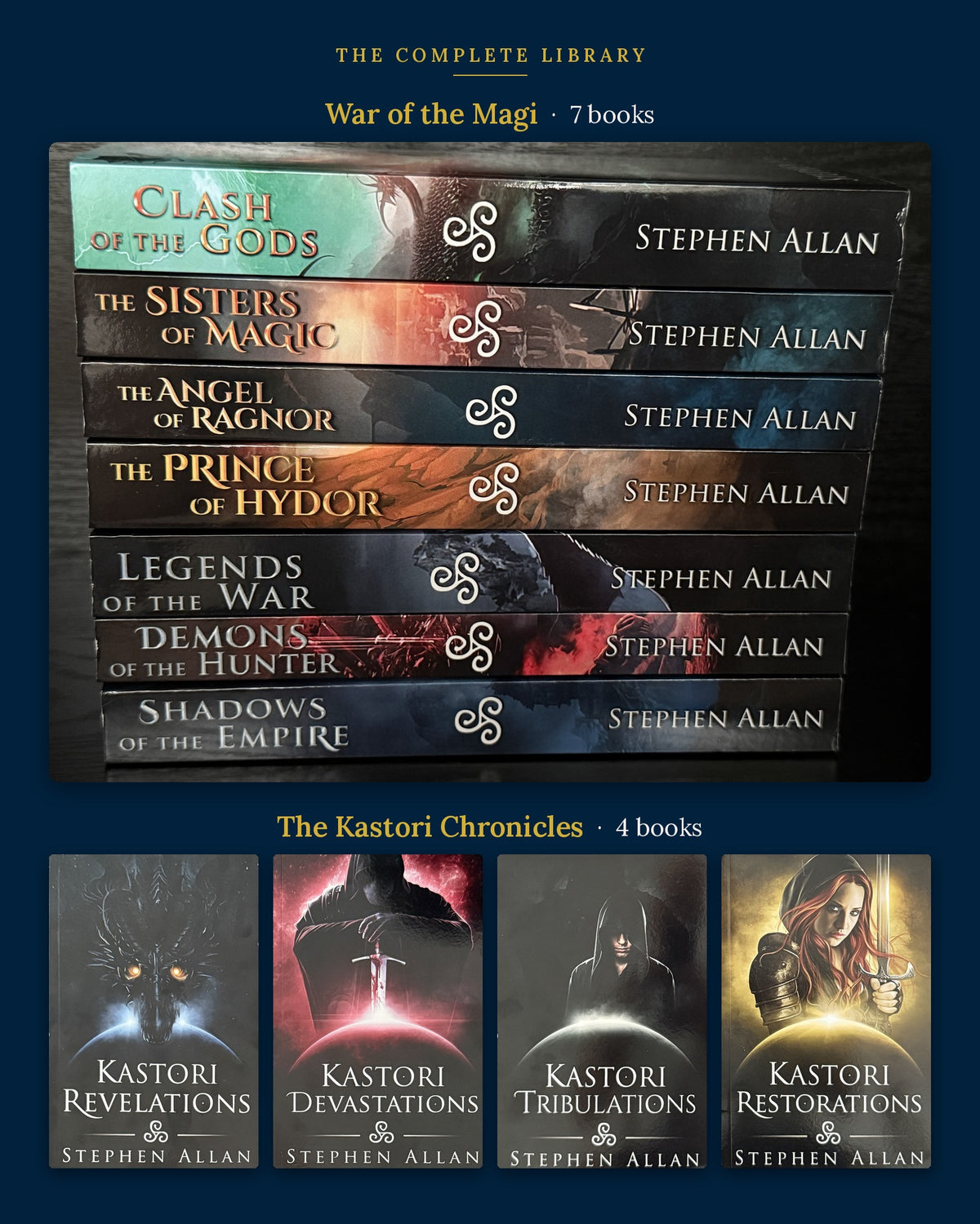 The complete library: all seven War of the Magi paperbacks stacked above the four Kastori Chronicles paperbacks, 11 books in all