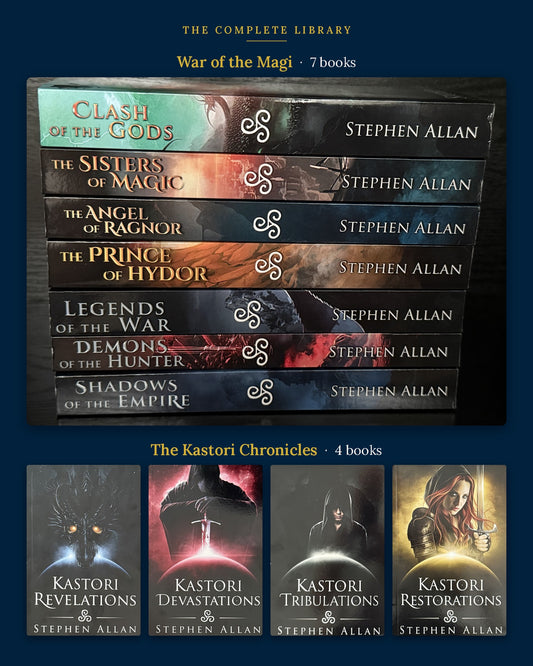 The complete library: all seven War of the Magi paperbacks stacked above the four Kastori Chronicles paperbacks, 11 books in all